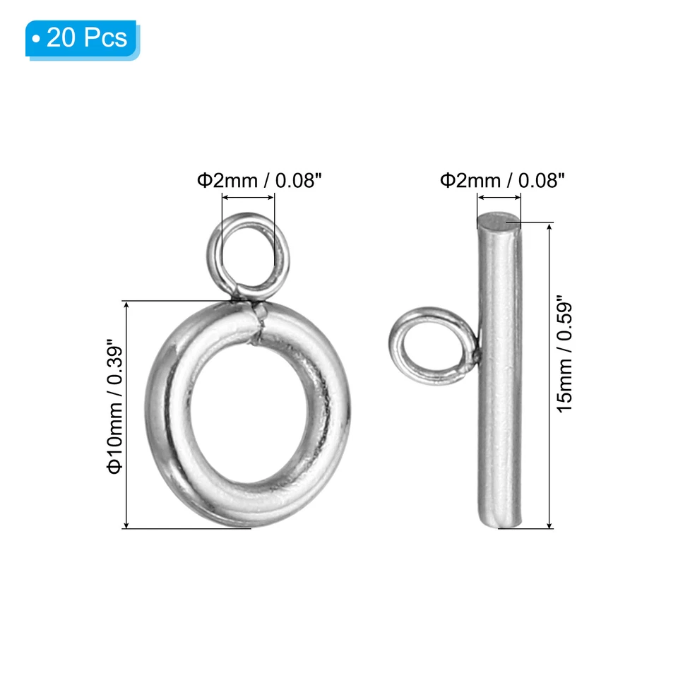 10mm/0.39" Dia Toggle Clasp, 20Set 304 Stainless Steel Round Clasp&T-Bar, Silver - Image 2 of 4