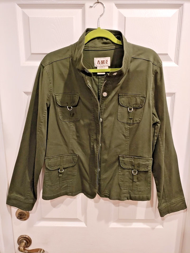 Chaqueta de Camionero AMI Para Mujer Grande Verde Oscuro Mezcla de Algodón Cremallera/A Presión Artística Boho Foto 2 de 4