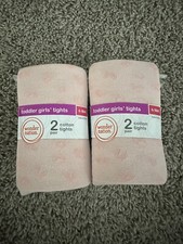 2X Flat Rib Pink Leopard  White Toddler Cotton Tights Girl 2 Pair Pack 6-18M