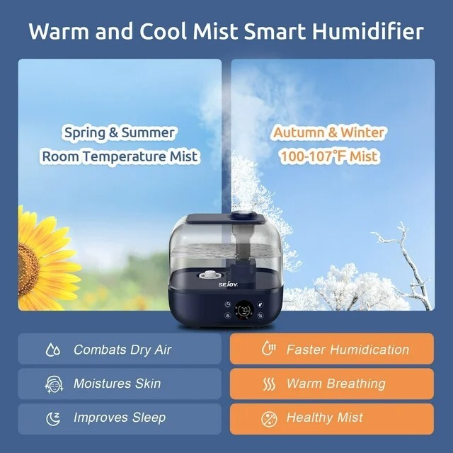 Sejoy 5L Cool Warm Mist Ultrasonic Room Humidifier -Top Fill, Aromatherapy, Blue