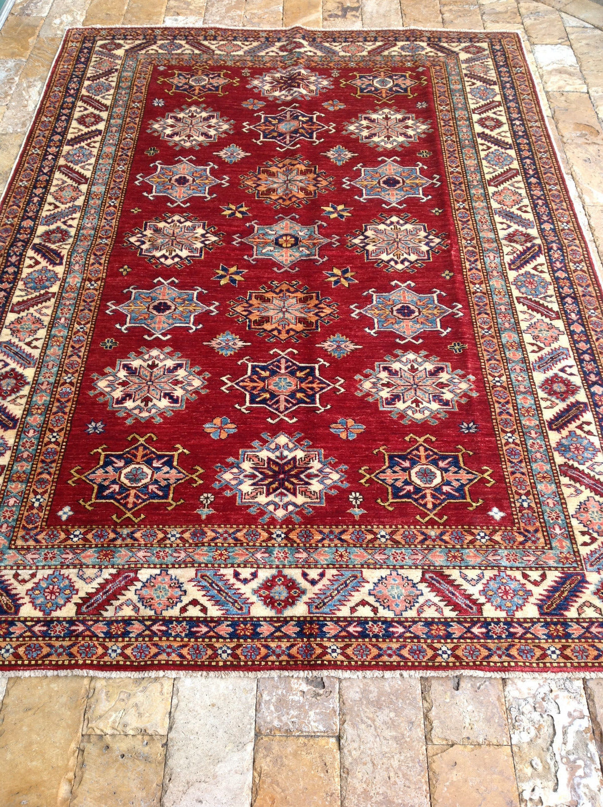 Восточный ковер из тонкой супер-казахской шерсти, связанный вручную в племенном стиле, 57 x 710