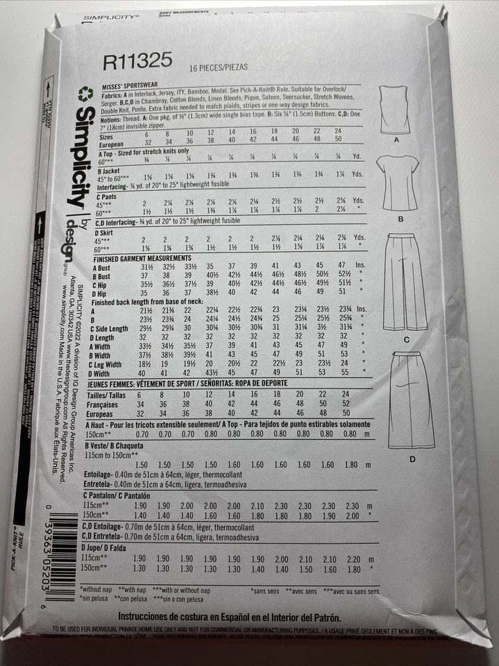 Simplicity R11325 Pattern Size 16-24 Sportswear Tops Bottoms Women's Misses nn - Image 2 of 2