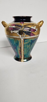 Antique Noritake Nippon Twin Handled Vase Dragonfly  7'' Tall Signed ML Isbister