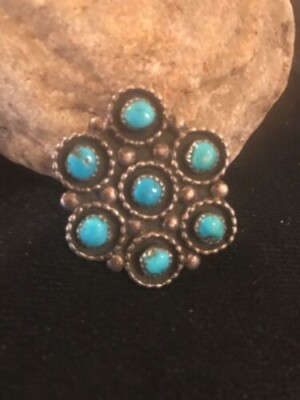 Native American Kingman Turquoise Cluster Navajo Sterling Silver