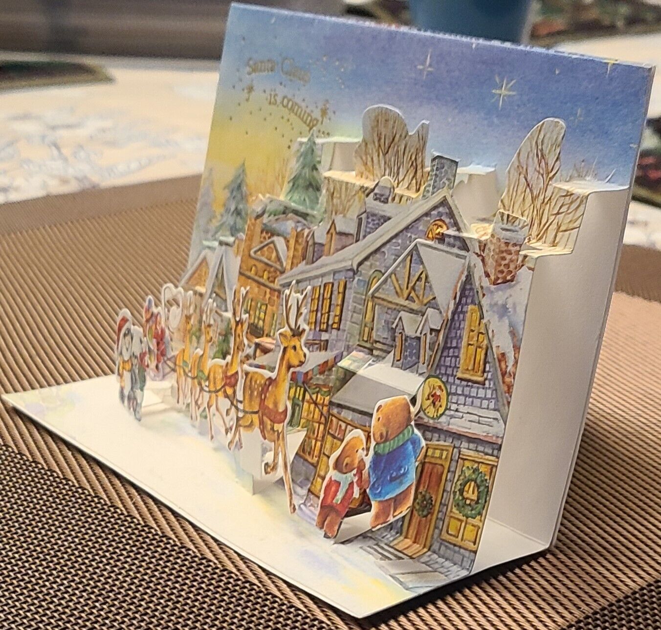 Fold Out Pop Up Christmas Card Santa Claus Is Coming To Town w/ Envelope