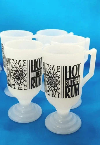 HOT BUTTERED RUM Hot Toddy 5 Vtg Mugs Milk Glass 1960s MCM Mid Century Party