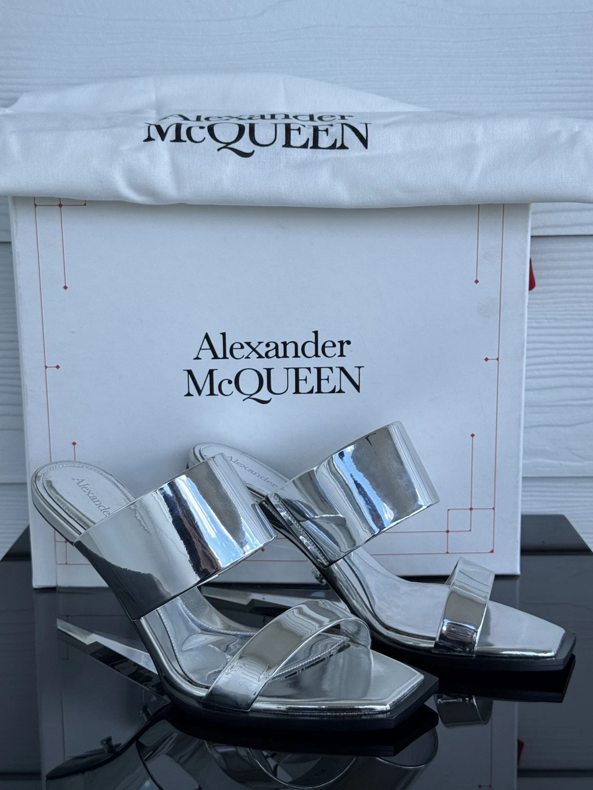 Alexander McQueen — Alexander McQueen Silver Mirror Leather Sandals – Size EU 38 Italy New $1490