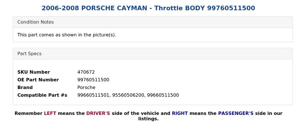 2006-2008 PORSCHE CAYMAN - Throttle BODY 99760511500 - Image 4 of 4