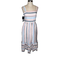 SKIES ARE BLUE Striped Cotton Midi Dress Blue Pink White Smocked Tiered S NWT