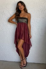 Hot & Delicious Womens Dress Strapless Gothic Gold Maroon High Low Size L Y2K