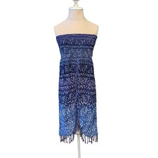 Volcom Suns Up Dress Blue Tribal Print Smocked Strapless Fringe Sz Small