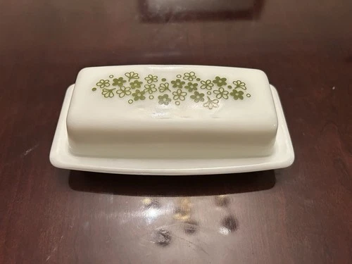 Pyrex Corelle Crazy Daisy Spring Blossom Butter Dish Vintage Green, 1/4 Pound