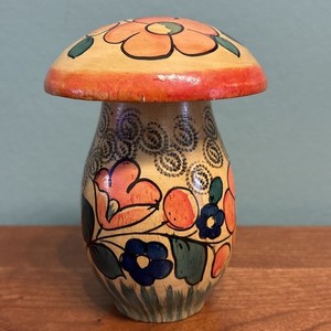 Vintage Russian USSR Mushroom Wooden Stash Box Hand Painted Flower 5”