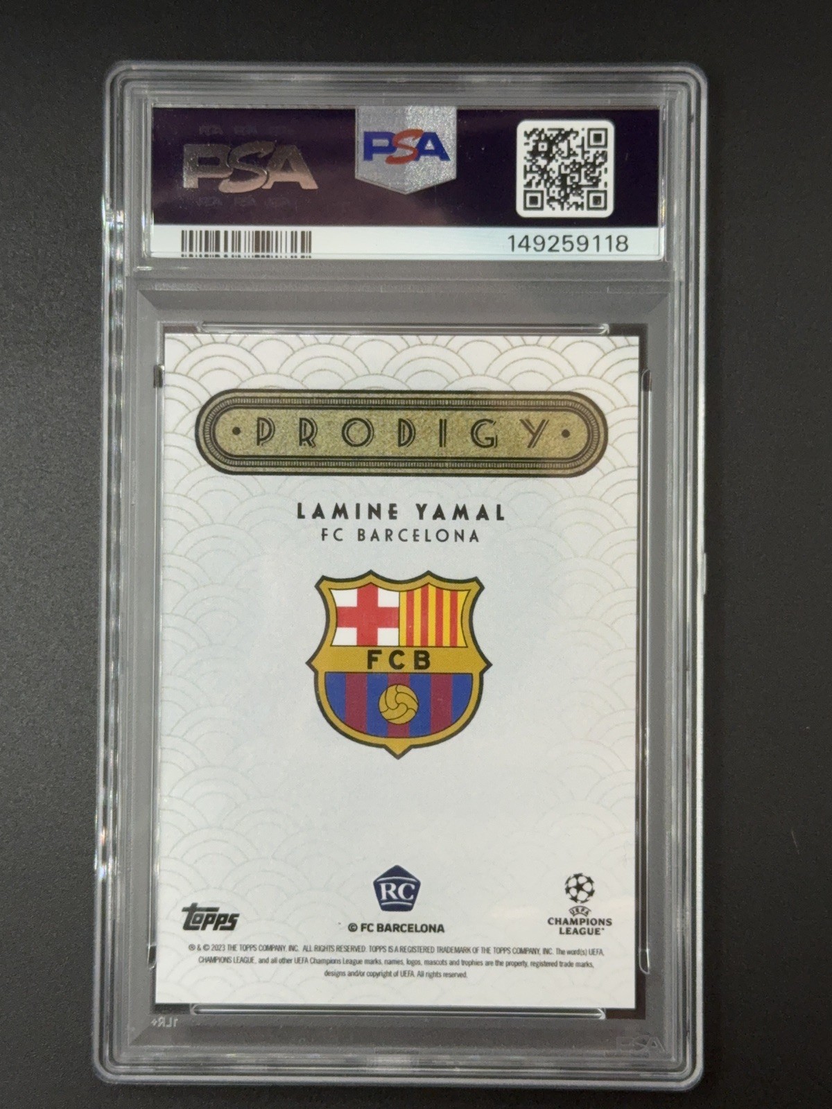 2023-24 TOPPS DECO UEFA CLUB COMPETITIONS PRODIGY LAMINE YAMAL ROOKIE RC PSA 10 view 2
