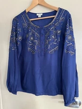 Sundance Sz Medium Navy Beaded 1/4 Button Women LS Lightweight Tunic Blouse Top