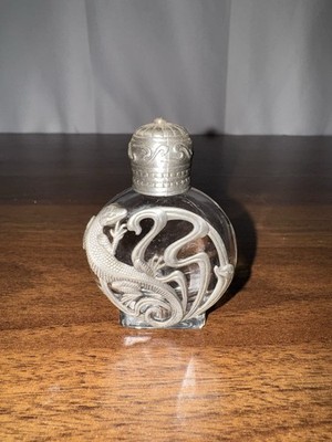 JJ Jonette Vintage Glass Perfume Bottle Pewter Lizard Decor Potion Magic Vial
