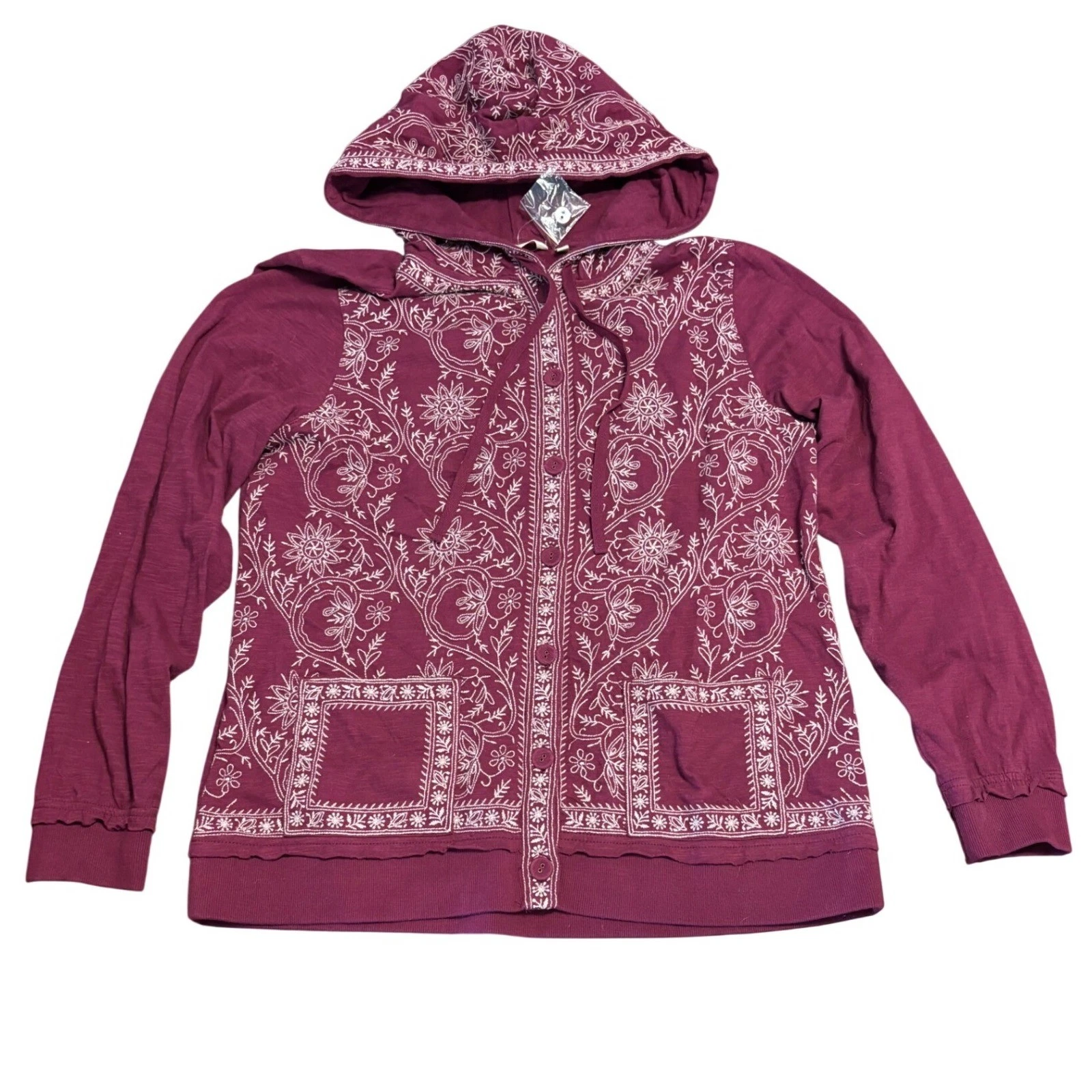 Soft Surroundings Burgundy Embroidered Button Up Hoodie Cotton Small 2EG93