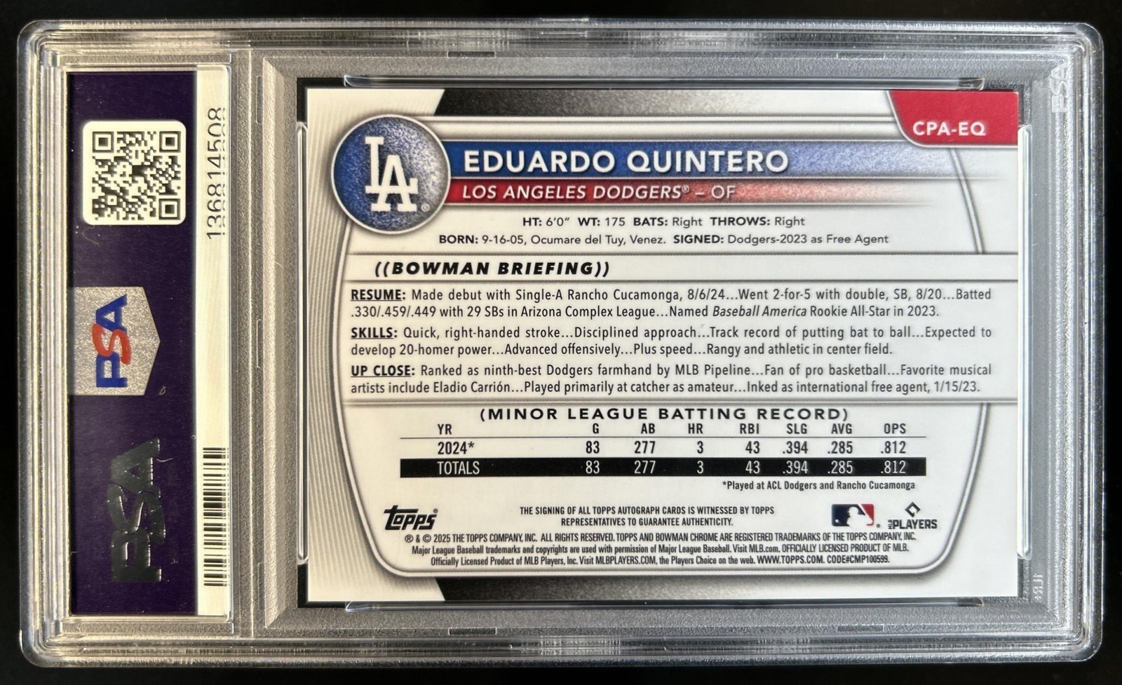 2025 Bowman Eduardo Quintero Chrome Auto 1st Prospect #CPA-EQ Dodgers PSA 9 view 2