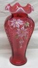 Vintage Fenton Art Glass Cranberry 11" Vase Fluted Ruffled Rim Signed Hand Paint