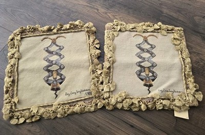 Pair HKH Wool Needlepoint Pillow Covers 14x14 New Vintage French Corkscrew Wine
