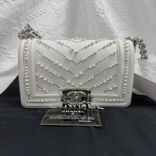 Chanel leBoy White Calfskin with Pearl & Stud Embellishments Crossbody Bag AUTH/