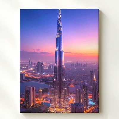 Burj Khalifa Twilight Canvas Illuminated Dubai Cityscape At Dusk Wall Art