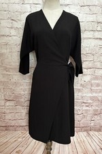 TOPSHOP Wrap Dress US 4 Black LBD Knee Length Pockets Crepe Stretch NEW