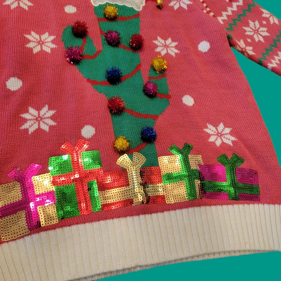 Joe Boxer Cactus Feo Navidad Suéter Rosa Lentejuelas Juniors Pequeño T48 Foto 3 de 4