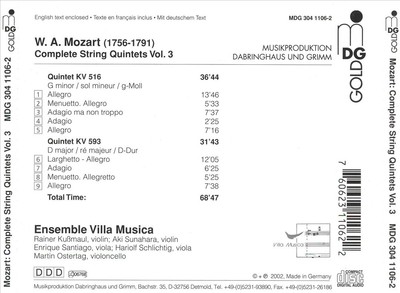 ENSEMBLE VILLA MUSICA MOZART: COMPLETE STRING QUINTETS, VOL. 3 NEW CD