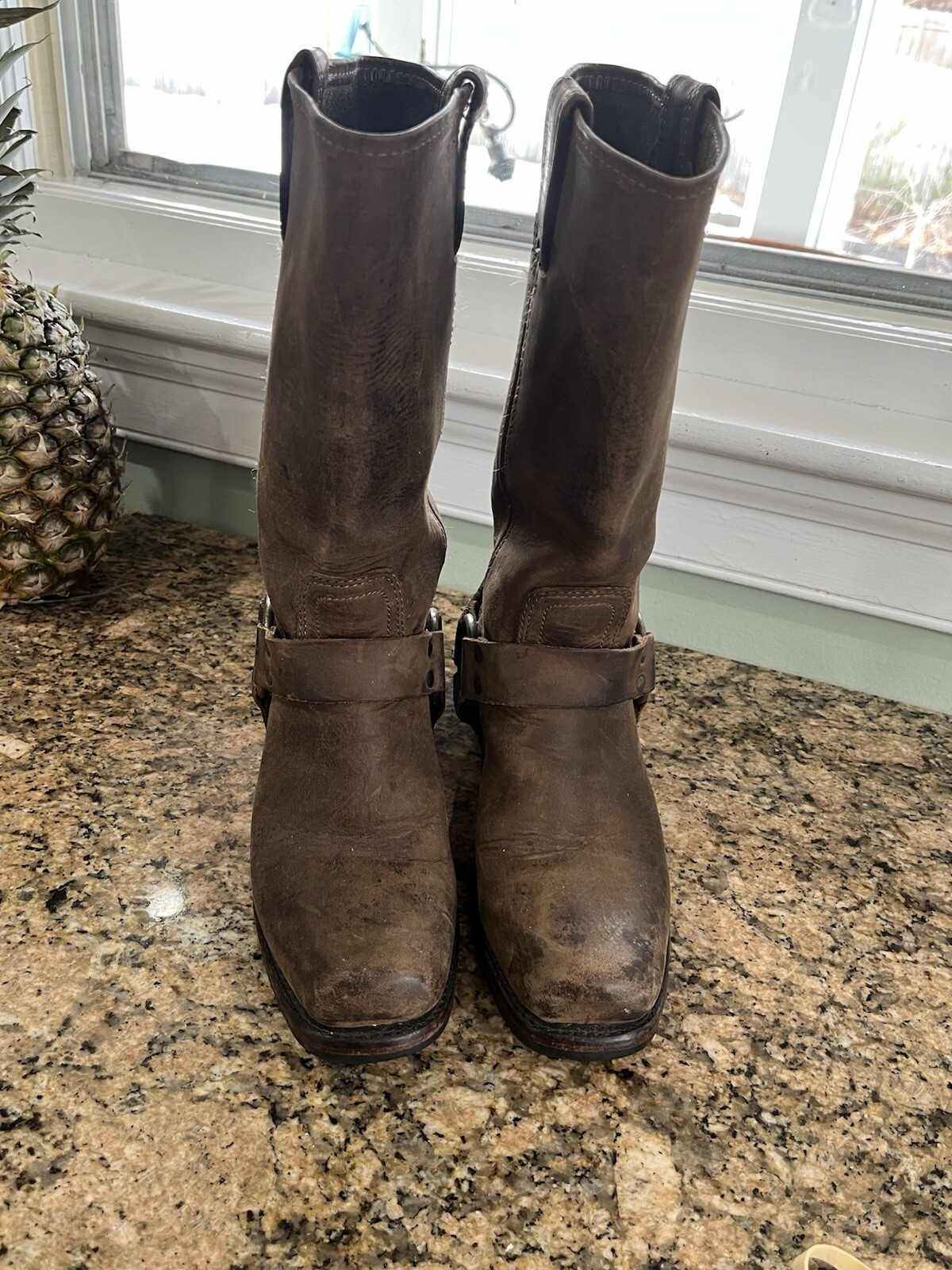 Frye Womens Brown Leather Harness Boots Size 6.5M Square Toe