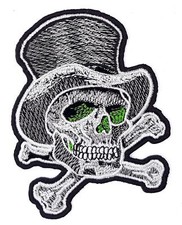 Skull  Crossbones With Top Hat And Green Eyes Iron On Patch 3" x 4"