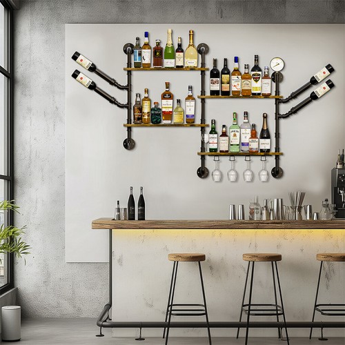 Estante de licor de pared para barra de pipa industrial estantes flotantes con soporte para copa de vino - Imagen 2 de 14