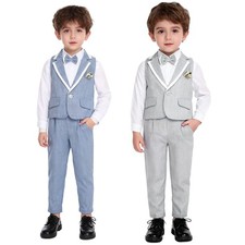 Boys Formal Slim Fit Suit Set Bow Tie Dress Shirt Vest  Suspender Pants Outfit