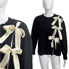 Ballerina Satin Bow Tie Sweater Womens Size M Black Cozy Soft Peekaboo Cut out