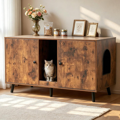 Litter Box Furniture for 2 Cats - Farmhouse Cat Litter Box Enclosure Cabinet Hid
