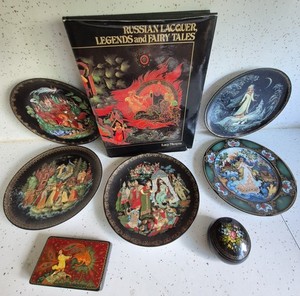 Russian Laquer Boxes (2), 5 Russian Fairy Tale Plates, RUSSIAN LAQUER AND FAIRY