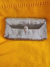 Vintage Whiting  Davis Mesh Clutch Silver Tone Rhinestone Clasp Evening Bag USA