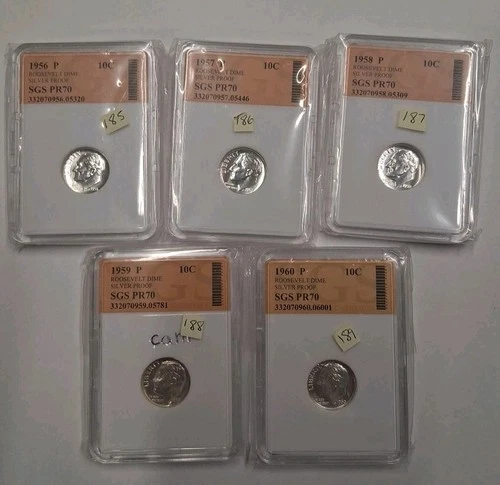 1956 57 58 59 60 Roosevelt Dime Proof 90% Silver 5 Coins Total.