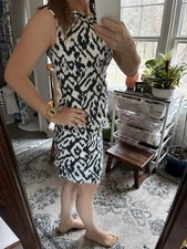 Loft Black White Print Ruffle Neck Pencil Dress Size 0