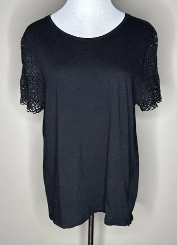 NUOVA blusa donna Michael Kors manica corta con rifiniture in pizzo nera taglia L.