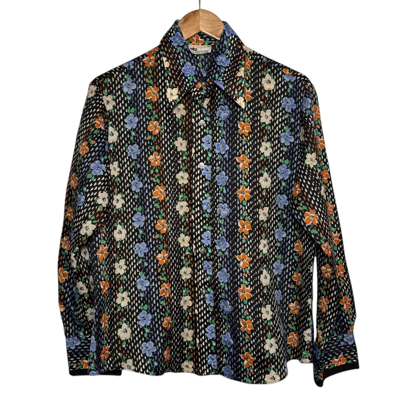Vintage 1970s Kmart Dagger Collar Floral Button Up Blouse Size 40 XL 