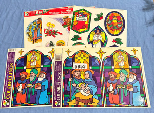 Vtg Clings Window Christmas Decorations Stained Glass Style Religious Angels