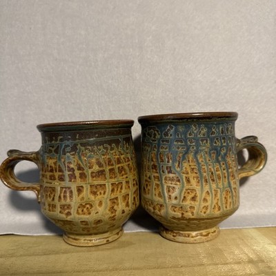 Vintage Signed Studio Art Pottery Mugs Pair Mid Century Modern Textured Brown