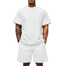 Mens Short Sets 2 Piece Outfits Summer Casual Geometric Texture Short Sleeve ...