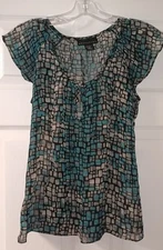 Attention Womens Cap Sleeve Button Front Multi Color Print Shirt Top Size S