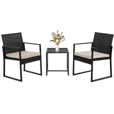 | 3-Piece Patio Furniture Set | Khaki |Outdoor Wicker Furniture with Coffee T...