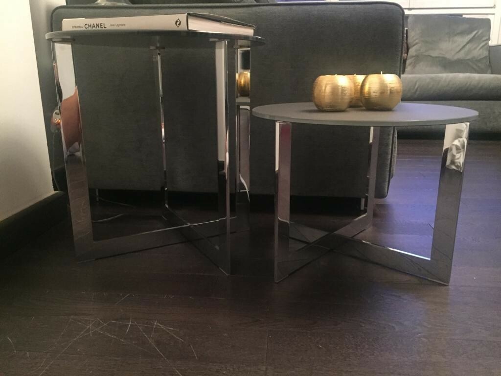 TAVOLINI SALOTTO DOMINO MOLTENI SRUTTURA CROMO, PIATTO VETRO