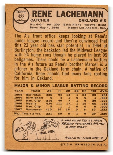 1968 Topps #422 Rene Lachemann - Bild 2 von 2