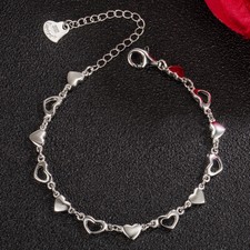 Genuine 925 Sterling Silver Heart Chain Bracelet 5mm 7.9" for Women Girls Teens