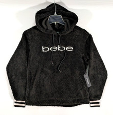 bebe sport Women's Small Black Sherpa Fleece Pullover Hoodie Soft Fuzzy NWT